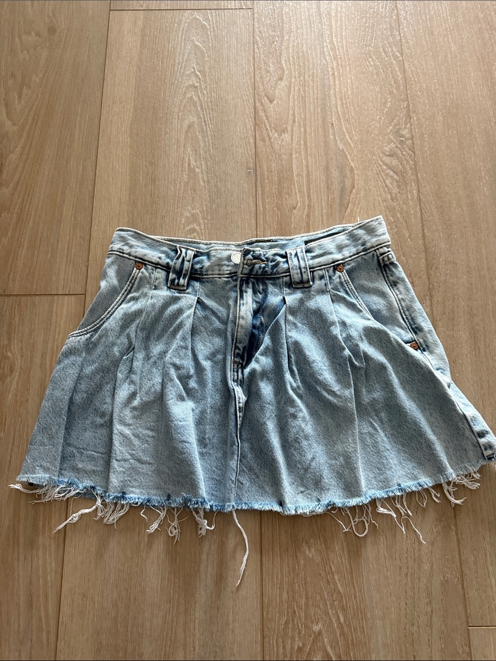 Blank NYC Light Blue Denim Circle Skirt with Frayed Hem
